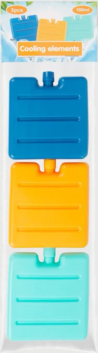 Set van zes gekleurde mini-koelelementen, ideaal voor het koel houden van hapjes en drankjes onderweg.