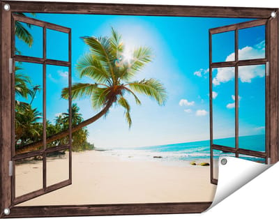 Gards Tuinposter Doorkijk Tropisch Strand en Zee in Sri Lanka - 90x60 cm - Tuindoek - Tuindecoratie - Wanddecoratie buiten - Tuinschilderij