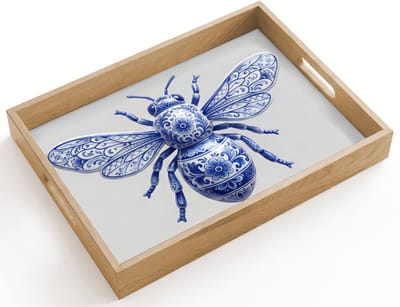 Dienblad hout 40x30 cm - Schootdienblad - Bij - Modern - Delfts - Blauw - Borrelplank rechthoek - Plateau dienbladen