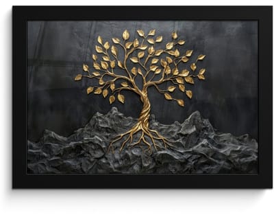 Poster in lijst - Fotolijst 30x20 cm - Posters - Bladeren - Goud - Boom - Rots - Posterlijst zwart - Decoratie - Wanddecoratie woonkamer - Muurdecoratie slaapkamer