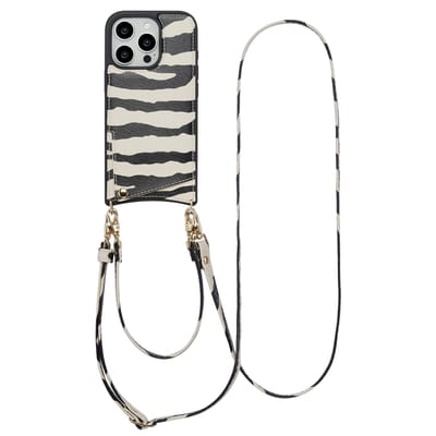 Selencia Hoesje - Geschikt voor Apple iPhone 16 Pro - Backcover met koord en pashouder - Zazzy Zebra