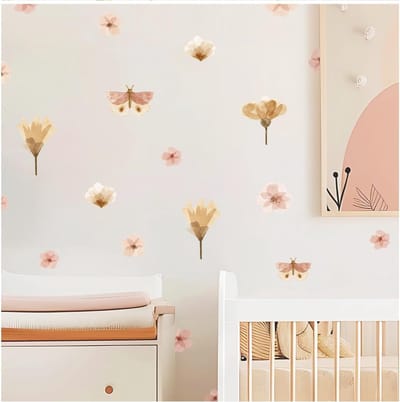 Muursticker kinderkamer - Muurtattoo babykamer - Niet-giftig, veilig, krachtig - 46 stuks stickers, boho bloemen, vlinders - roze, bruin, gepoederd, beige