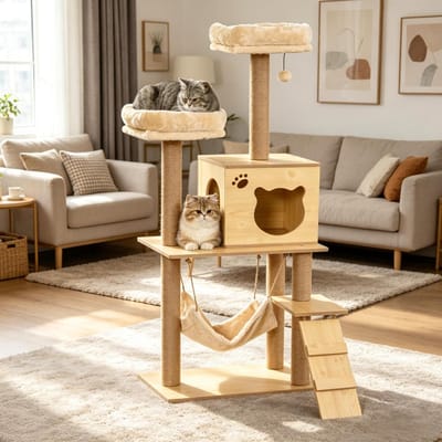 STILVORA Krabpaal – 60 x 40 x 130 cm – Meerkleurig Activiteitscentrum Met Hangmat En Kattenhuis – Spaanplaat, Pluche, Sisal – Beige Bruin