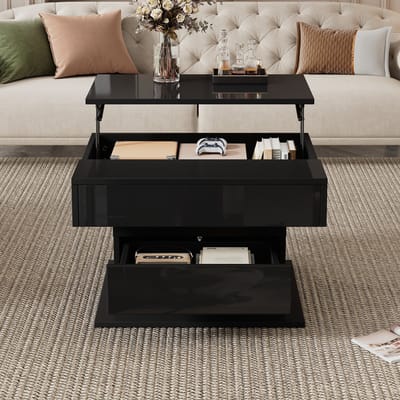 REDOM Salontafel 70x70x45 cm van spaanplaat, hoogglans zwart met lade en draaiblad