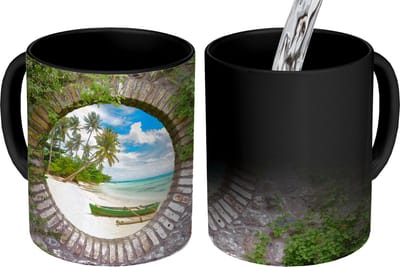 Magische Mok - Foto op Warmte Mokken - Koffiemok - Strand - Palmboom - Doorkijk - Kano - Magic Mok - Beker - 350 ML - Theemok