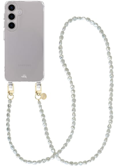 xoxo Wildhearts siliconen hoesje - Geschikt voor Samsung Galaxy S25 hoesje - Pearlfection - Telefoonhoesje - Hoesje met koord - Parelketting - lang telefoonkoord - Transparant hoesje (lange variant)