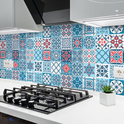 Zelfklevende tegelmuurstickers voor keuken en badkamer - 24 cementtegelstickers (AZULEJOS CLIRIONA) - 24 stickers, 10x10cm