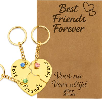BFF Sleutelhanger voor 3 'Best Friends Forever' - Hartje Puzzelstukjes & Kristal - Sleutelhangers op Cadeau Kaartje - Goudkleurig - Vriendschap Symbool - Pax Amare
