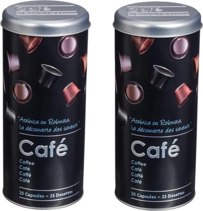 5Five Koffiecups bewaarblik - 2x - metaal - zwart/sfeer print - H26 cm - voor 20 tot 25 capsules