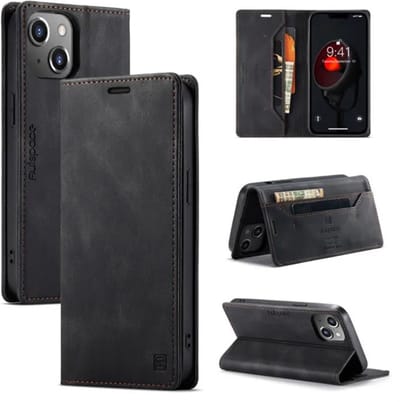 Luxe Flip Case met RFID Bescherming Kaarthouder en Magneetsluiting voor iPhone 14 Plus _ Zwart