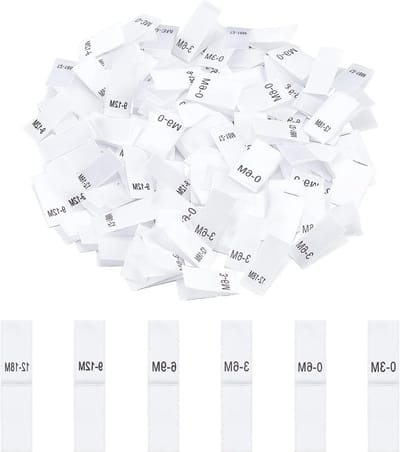 600 Maand Kledinglabels - 6 Stijlen Geweven Naai Labels, Borduur Size Labels voor Kleding, Wit
