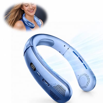 Ulisem - Draagbare Nek Ventilator – 100 Snelheden – USB Oplaadbaar – Bladeless Design – Ultra Stil – Handsfree Hangende Ventilator – Mini Nekventilator voor Outdoor, Reizen & Werk – Blauw
