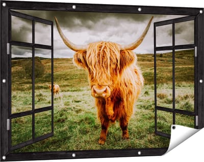 Gards Tuinposter Doorkijk Schotse Hooglanders in de Weide met Wolken - 120x80 cm - Tuindoek - Tuindecoratie - Wanddecoratie buiten - Tuinschilderij