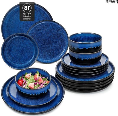 RFWR® 18-delige serviesset voor 6 personen - Blauwe keramische borden en kommen - Vaatwasser- en magnetronbestendig