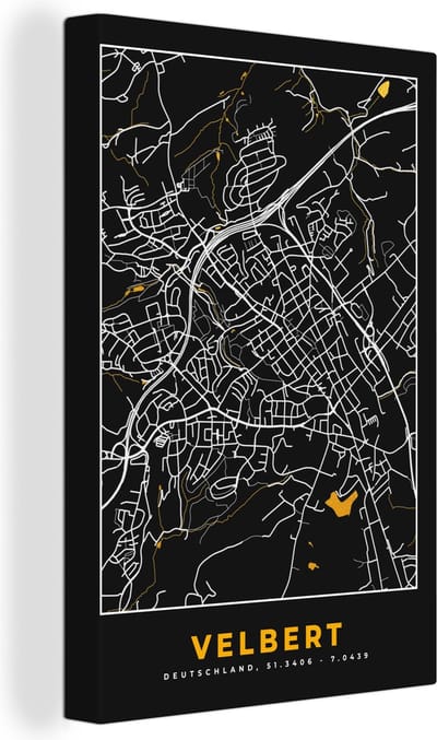 Canvas Schilderij Plattegrond – Velbert – Goud – Stadskaart – Kaart - Duitsland - 20x30 cm - Wanddecoratie