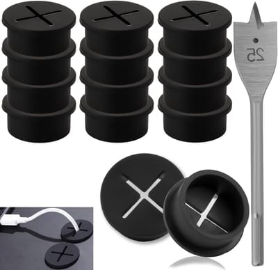 Pack van 12 Flexibele Siliconen Kabeldoorvoeren van 25 mm met Boor voor Kantoor, School en Thuis - Zwart