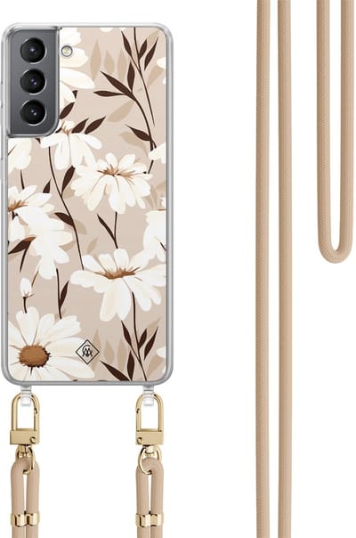 Casimoda® hoesje met beige koord - Geschikt voor Samsung S21 Plus - In Bloom - Afneembaar koord - TPU/polycarbonaat - Bruin/beige