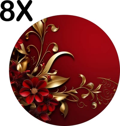 Luxe Ronde Placemat - Diep Rode Achtergrond met Rode en Gouden Bloemen - Set van 8 Placemats - 50x50 cm - 2 mm dik Vinyl - Anti Slip - Afneembaar