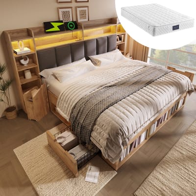 DESMIU Bed 160x200cm – Gestoffeerd Hoofdbord Met LED En Oplaadpunten – Opbergruimte En Rolladen – Voor Slaapkamer – Houtlook – Eiken – Zonder Matras