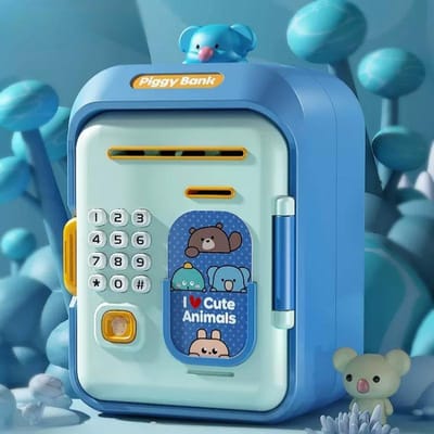 Tirelire Électronique pour Bébé ATM MINI Boîte d'Épargne Mot de Passe Empreinte Digitale Simulée Tirelire pour Espèces Pièces Cadeau d'Anniversaire Enfants bleu