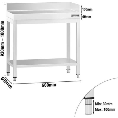 GGM Gastro Edelstahl Eckarbeitstisch PREMIUM - 600x600mm - mit Grundboden & Aufkantung hinten + rechts Zilver