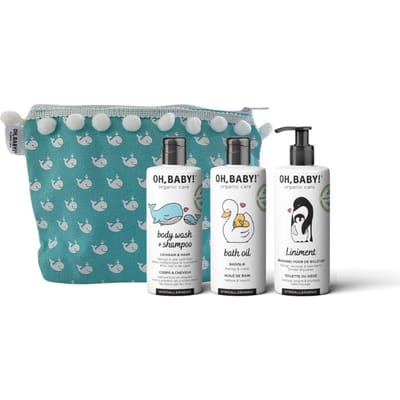 Oh, Baby! Essentials (3*150ml) | Natuurlijk, biologisch & vegan voor baby's en kinderen | Body Wash & Shampoo + Badolie + Liniment + Gratis Toilettasje
