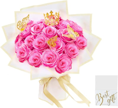 Glitter Rozenboeket - Kunstbloemen Decoratie - Feestelijke Decoratie - Inclusief Kroon Vlinder - 35 x 25 x 35 cm - Roze