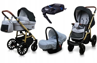 BabyLux® Kinderwagen 4in1 – ASPERO - SILVER BLACK - Opklapbare Wandelwagen incl. Reiswieg, Multifunctionele Buggy Sportstoel, Autostoel, ISOFIX basisstation - Combi-kinderwagen met Luiertas, Regenhoes, Klamboe