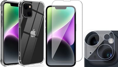 Hoesje geschikt voor iPhone 14 - Anti Shock Proof Siliconen Back Cover Case Hoes Transparant - Tempered Glass Screenprotector - Camera Lens Protector