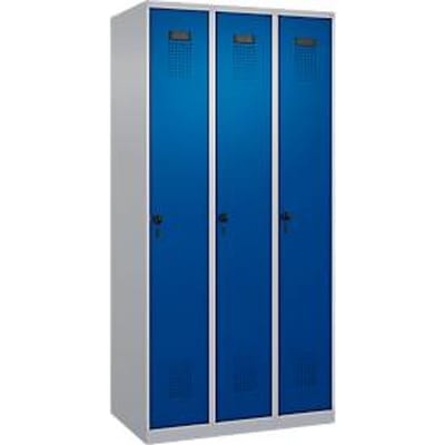 Garderobekast C+P Evolo Plus, 3 vakken, rechts scharnierend, veiligheidsdraaigrendel, B 900 x D 500 x H 1850 mm, blank aluminium/ gentiaanblauw