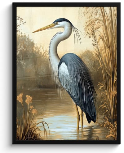 Poster in lijst - Fotolijst 50x70 cm - Posters - Reiger - Water - Planten - Posterlijst zwart - Decoratie - Wanddecoratie woonkamer - Muurdecoratie slaapkamer