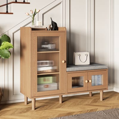Houten Schoenenkast met Zitbankje - 3 Deuren, Geribbeld Glas & Verstelbare Planken, 100x35x70cm, Voor Hal