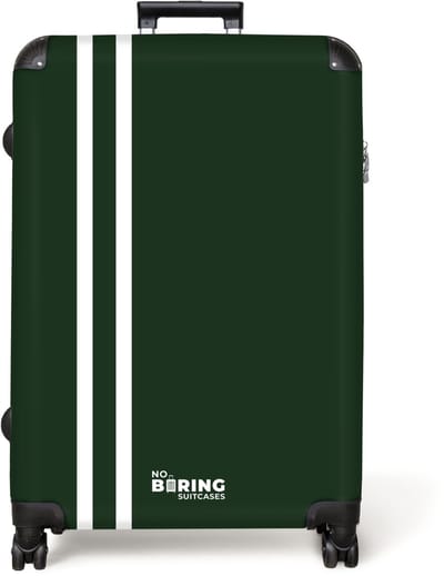 NoBoringSuitcases.com® - Koffer groot - Reiskoffer lichtgewicht - Donkergroene achtergrond met dubbele witte zijstrepen links - Rolkoffer met 4 wielen - Grote trolley XL - 98 liter bagage
