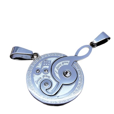Dubbele Edelstaal hanger, Twee hanger in één: Vioolsleutel, munt met noten in zilverkleur en beide ´I love you´ erop.