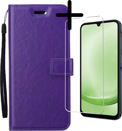 Hoesje Met Screenprotector - Geschikt voor Samsung Galaxy A25 - Luxe Pasjeshouder - Bookcase Portemonee - Flip Case - Kunstleer Book Case - Flipcase - Book Cover - Walletcase - Portemonneehoes - Paars