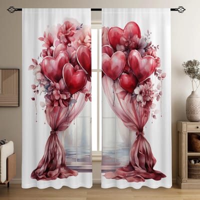2 stuks Valentijnsdag Hart Ballon Aquarel Geschilderde Volant Print Doorschijnende Gordijnen Multi-scene Stang Zak Decor Gordijnen W50xH130(CM)x2PCS-Grommet Top blue