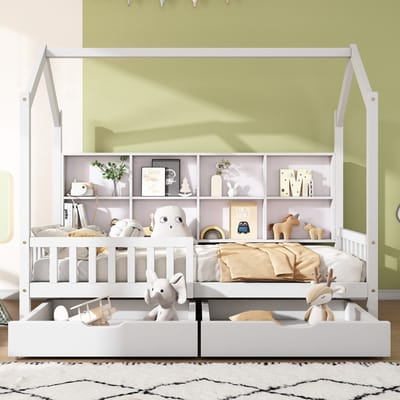 Kinderbed 90x200 cm met boekenplank - opbergrek en lade - met twee grote lades - ovenrek ontwerp - wit - zonder matras
