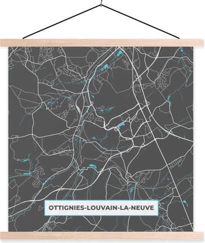 Posterhanger incl. Poster 40x40 cm - Schoolplaat - Stadskaart – Grijs - Kaart – Ottignies Louvain la Neuve – België – Plattegrond - Textielposter - Blanke latten - Stadskaart