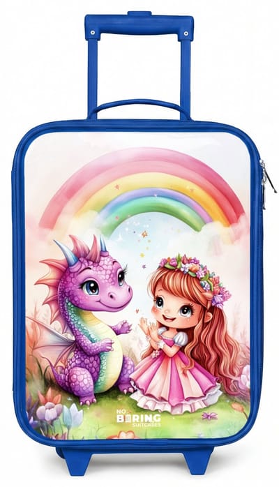 NoBoringSuitcases.com® - Kinderkoffer blauw - Kindertrolley jongen - Meisje met paarse draak onder regenboog - Koffer kind lichtgewicht - Reiskoffer trolley voor kinderen - Koffertje met lichtgevende wieltjes - Rolkoffer
