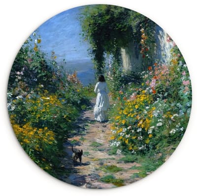 WallCircle® Wandcirkel 120x120 cm - Muurcirkel Kat - Vrouw - Bloemen - Huis - Muurdecoratie woonkamer - Wanddecoratie slaapkamer - Kamer decoratie accessoires - Ronde schilderijen XXL