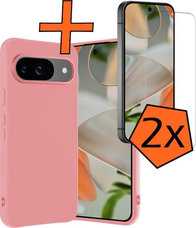 Hoes - Met 2x Screenprotector - Geschikt voor Google Pixel 9 - Sterk & Shockproof - Back Cover - Siliconen Case - Telefoon Hoes - Lichtroze