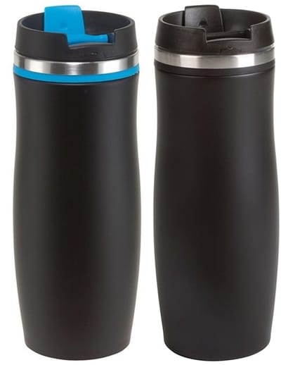Thermosbekers - warmhoud drinkbekers - set 2x stuks - blauw en zwart - 400 ml - Isolerende drinkbekers - warme dranken - reisbekers