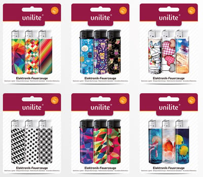 6x blister aanstekers van 3 stuks - 18 stuks aanstekers - mix print - navulbaar - klik systeem - verstelbaar vlam - Unilite® lighter