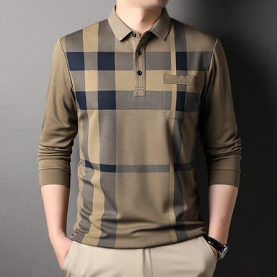 Lente en Herfst Revers Heren Lange Mouw POLO Shirt Kraag Geruit T-shirt Onderhemd Comfortabel Casual Heren Top L gray