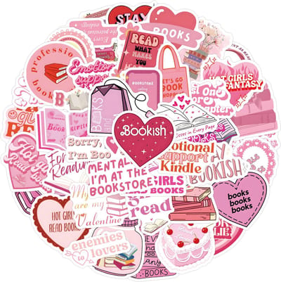 Stickers voor de Boekenworm - 60 roze stickers met Boeken, Lezen, Hartjes en Engelse teksten over de liefde voor Boeken- 60 stickers met Boeken, Lezen, Hartjes en Engelse teksten over de liefde voor Boeken