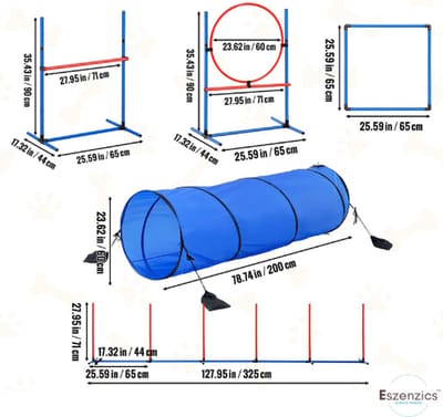 Eszenzics™ Agility set Pro5 - Training toestel hond - Lichtgewicht en draagbaar - Behendigheid - 5-delig - Tunnel - Hindernisbaan - Hoepel - Opbergtas - Puppy training