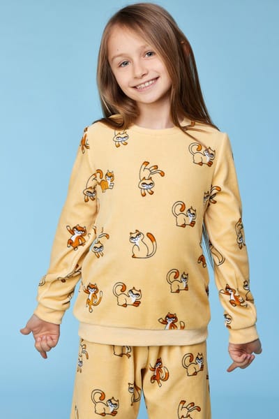Woody Meisjes-Dames pyjama gele kattenprint - maat 164/14J