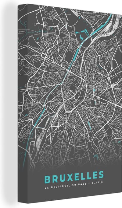 Canvas Schilderij Kaart – Plattegrond – Stadskaart – Bruxelles – België - Grijs - 20x30 cm - Wanddecoratie