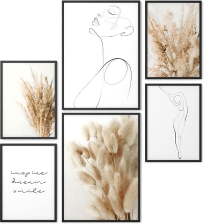 Poster Set Pampas Woman, 2x A3 en 4x A4, zwart-wit portretten, boho stijl, zwart houten frame