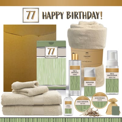Geschenkset “77 Happy Birthday!” - 12 producten - 1910 gram | Giftset voor haar hem Zevenenzeventig jaar Cadeau Feestje Luxe Wellness Pakket Vrouw Man Speciaal Cadeaupakket Geschenk Verjaardag Gift Set Handdoeken Fleecedeken Groen Beige Goud
